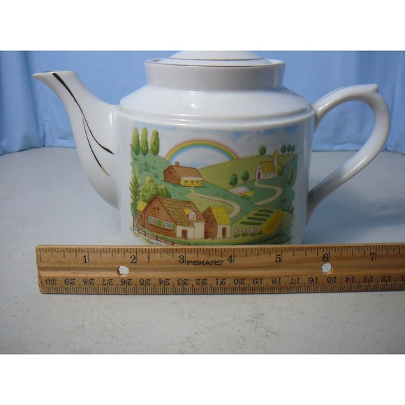 Vintage Ceramic Farmland Rainbow Tea Pot China  with Gold Trim - Picture 8 of 8